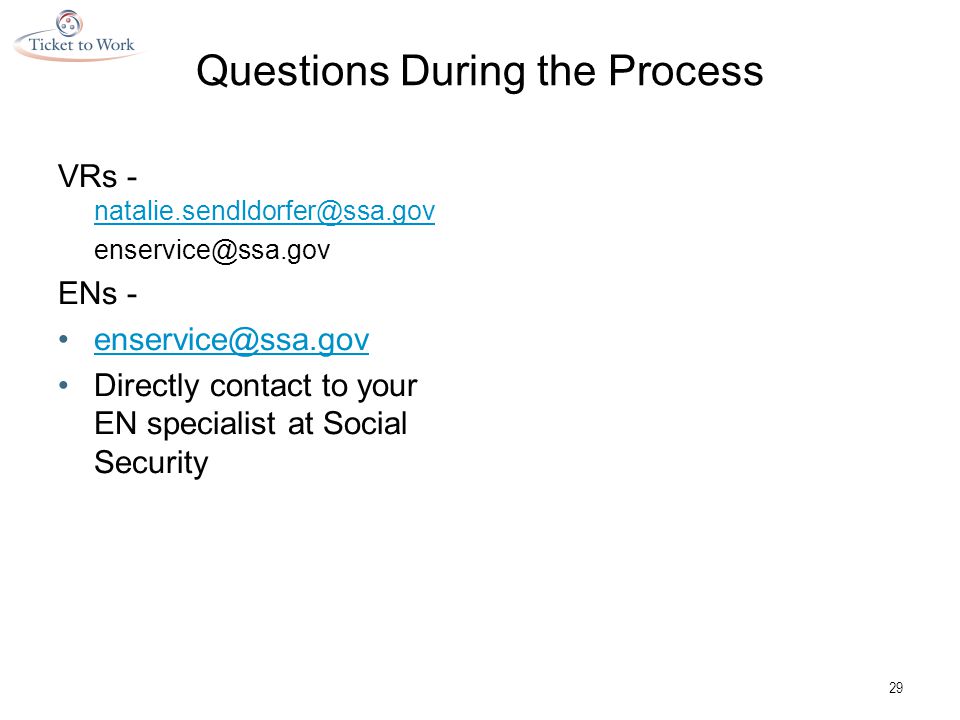 Questions During the Process VRs -  ENs - Directly contact to your EN specialist at Social Security 29