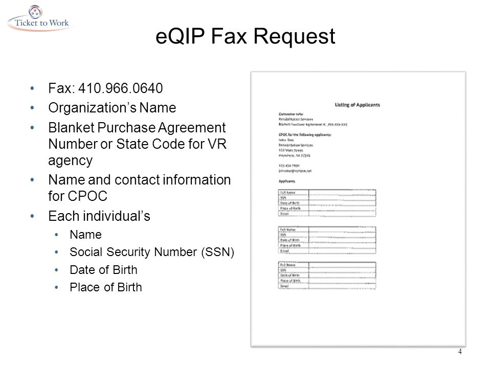 eQIP Fax Request Fax: Organization’s Name Blanket Purchase Agreement Number or State Code for VR agency Name and contact information for CPOC Each individual’s Name Social Security Number (SSN) Date of Birth Place of Birth 4