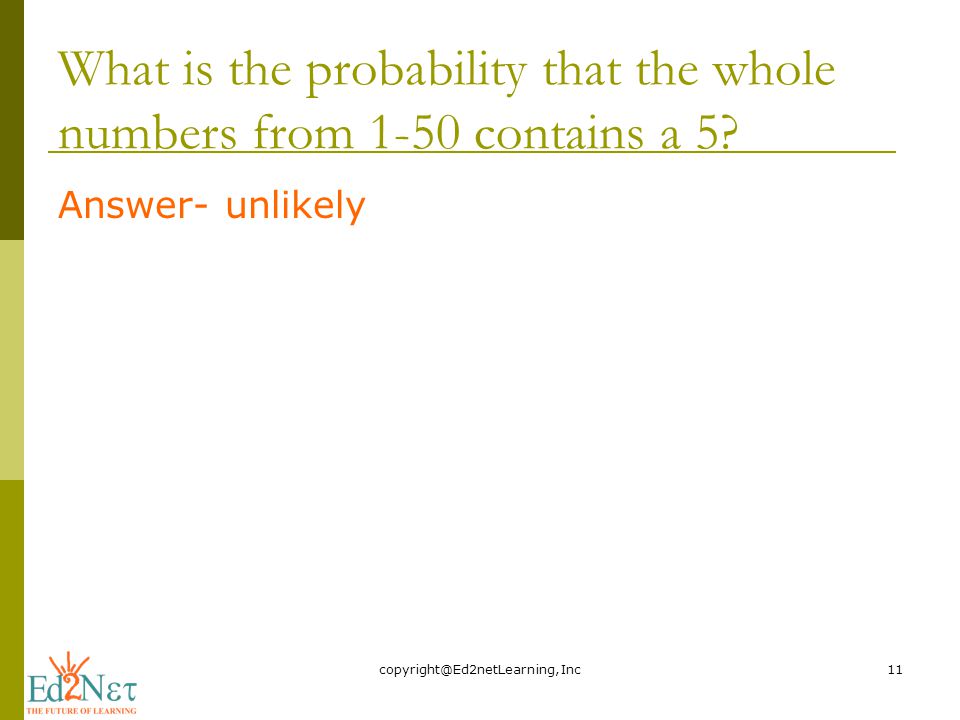 What is the probability that the whole numbers from 1-50 contains a 5.