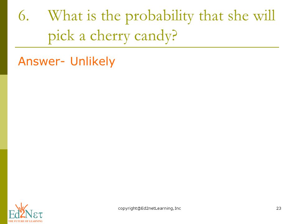 6.What is the probability that she will pick a cherry candy.
