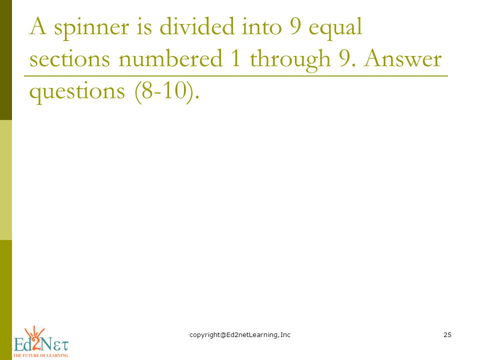 A spinner is divided into 9 equal sections numbered 1 through 9.