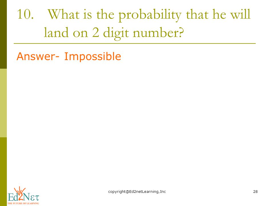 10. What is the probability that he will land on 2 digit number.