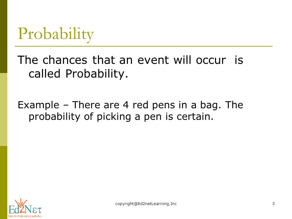 Probability The chances that an event will occur is called Probability.