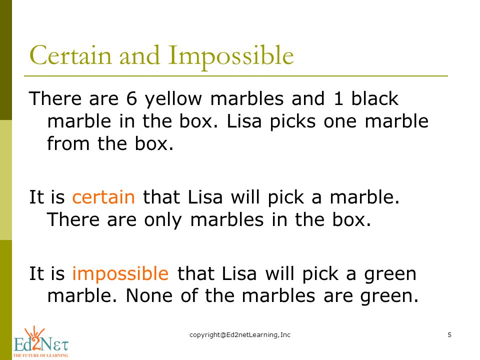 Certain and Impossible There are 6 yellow marbles and 1 black marble in the box.