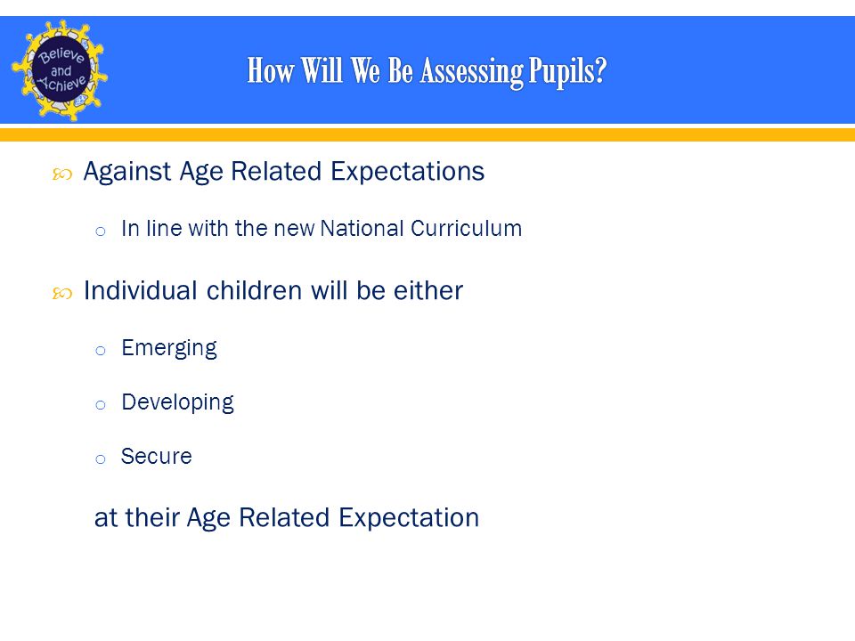  Against Age Related Expectations o In line with the new National Curriculum  Individual children will be either o Emerging o Developing o Secure at their Age Related Expectation