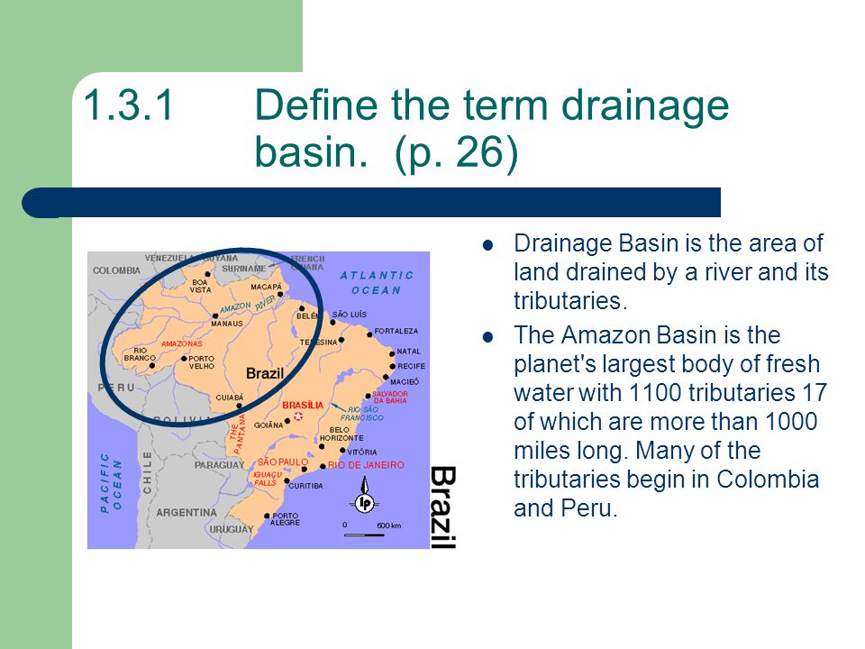 1.3.1Define the term drainage basin. (p.