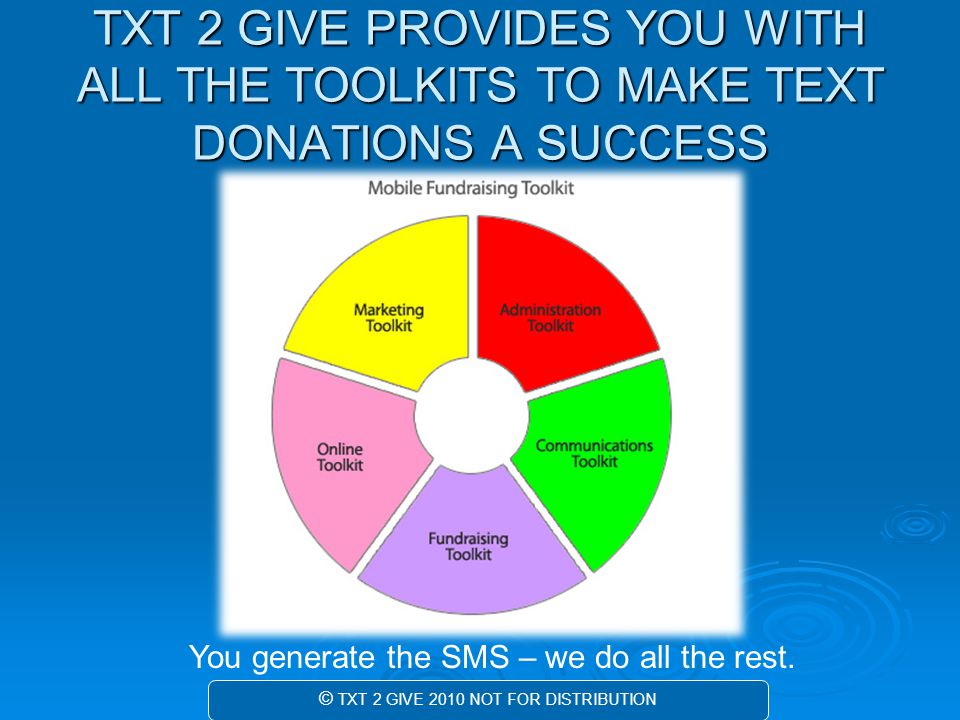 TXT 2 GIVE PROVIDES YOU WITH ALL THE TOOLKITS TO MAKE TEXT DONATIONS A SUCCESS You generate the SMS – we do all the rest.