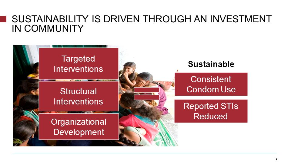 8 SUSTAINABILITY IS DRIVEN THROUGH AN INVESTMENT IN COMMUNITY Targeted Interventions Structural Interventions Organizational Development Sustainable Consistent Condom Use Reported STIs Reduced