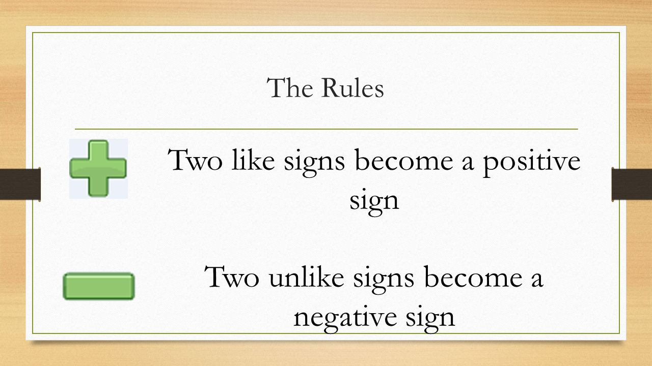 The Rules Two like signs become a positive sign Two unlike signs become a negative sign