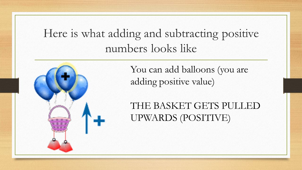 Here is what adding and subtracting positive numbers looks like You can add balloons (you are adding positive value) THE BASKET GETS PULLED UPWARDS (POSITIVE)
