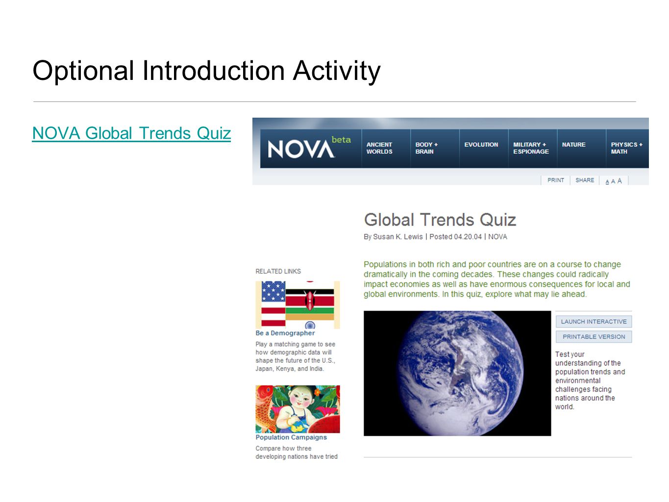 Optional Introduction Activity NOVA Global Trends Quiz