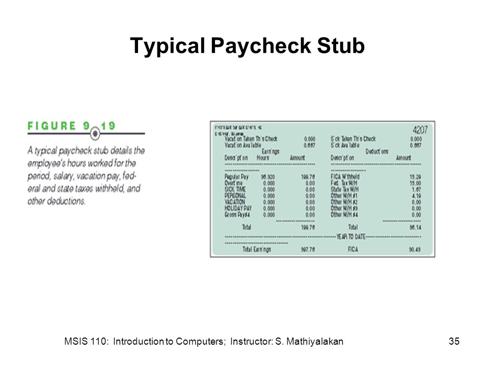 MSIS 110: Introduction to Computers; Instructor: S. Mathiyalakan35 Typical Paycheck Stub