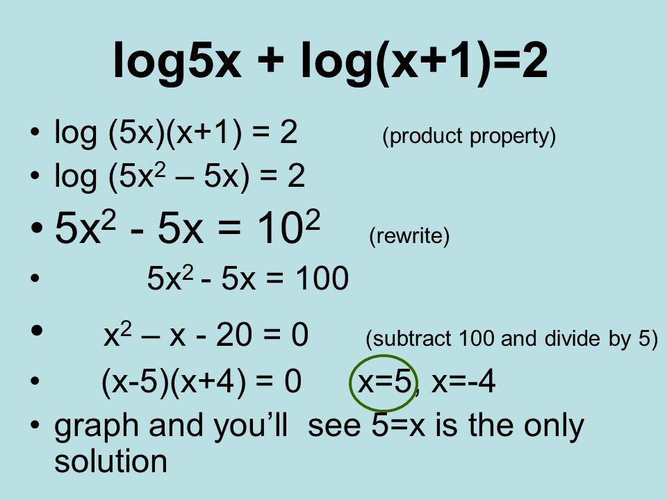 log5x + log(x+1)=2 log (5x)(x+1) = 2 (product property) log (5x 2 – 5x) = 2 5x 2 - 5x = 10 2 (rewrite) 5x 2 - 5x = 100 x 2 – x - 20 = 0 (subtract 100 and divide by 5) (x-5)(x+4) = 0 x=5, x=-4 graph and you’ll see 5=x is the only solution