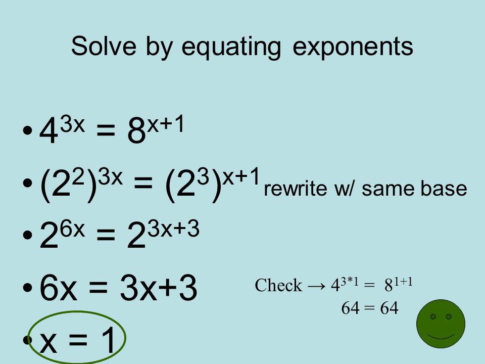 Solve by equating exponents 4 3x = 8 x+1 (2 2 ) 3x = (2 3 ) x+1 rewrite w/ same base 2 6x = 2 3x+3 6x = 3x+3 x = 1 Check → 4 3*1 = = 64