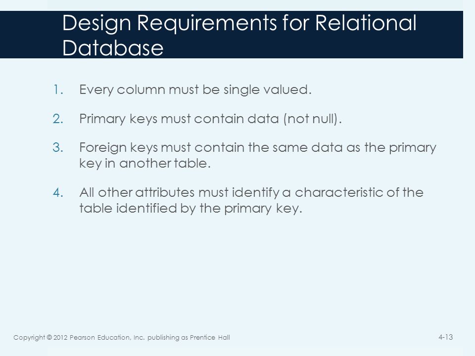 Design Requirements for Relational Database 1.Every column must be single valued.