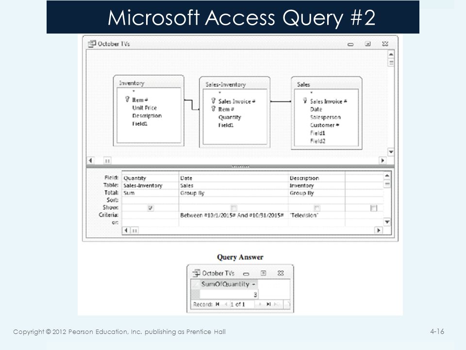 Microsoft Access Query #2 Copyright © 2012 Pearson Education, Inc. publishing as Prentice Hall 4-16