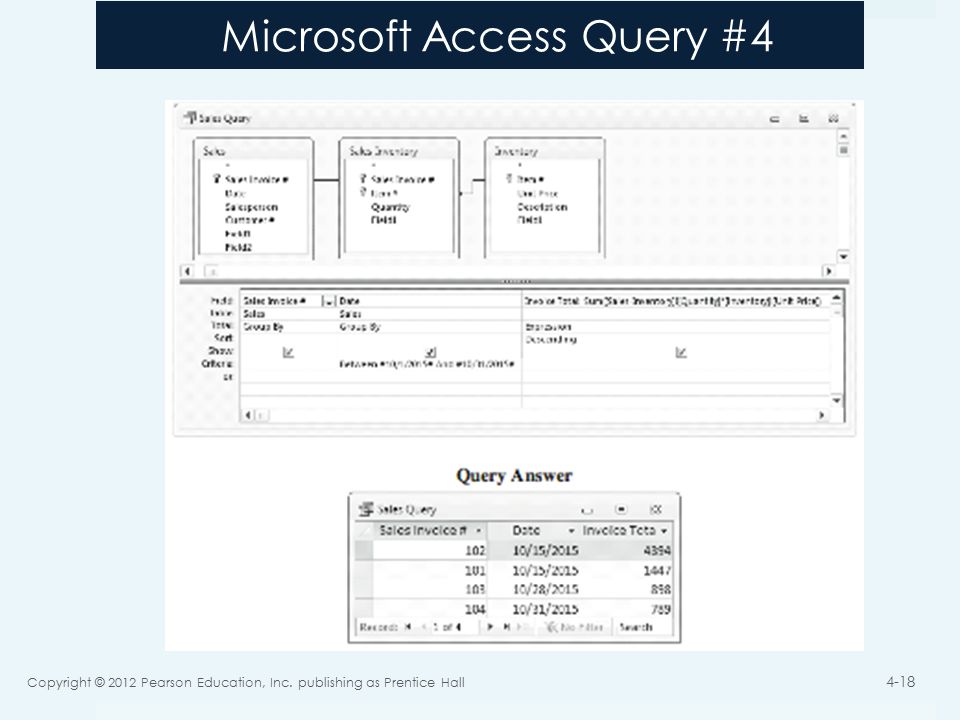 Microsoft Access Query #4 Copyright © 2012 Pearson Education, Inc. publishing as Prentice Hall 4-18