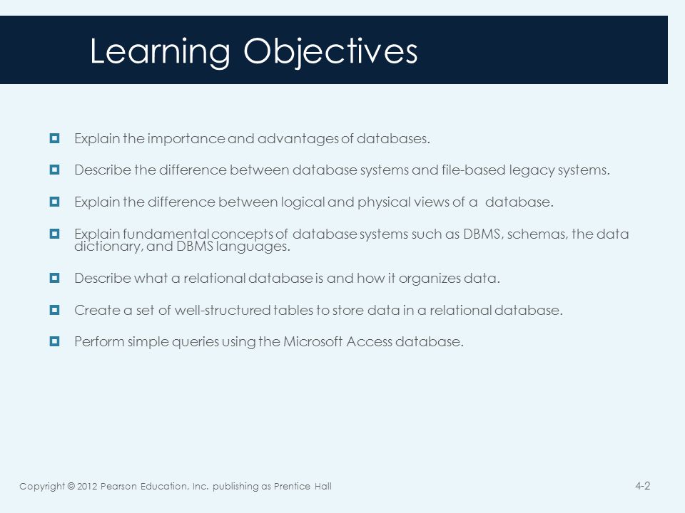 Learning Objectives  Explain the importance and advantages of databases.
