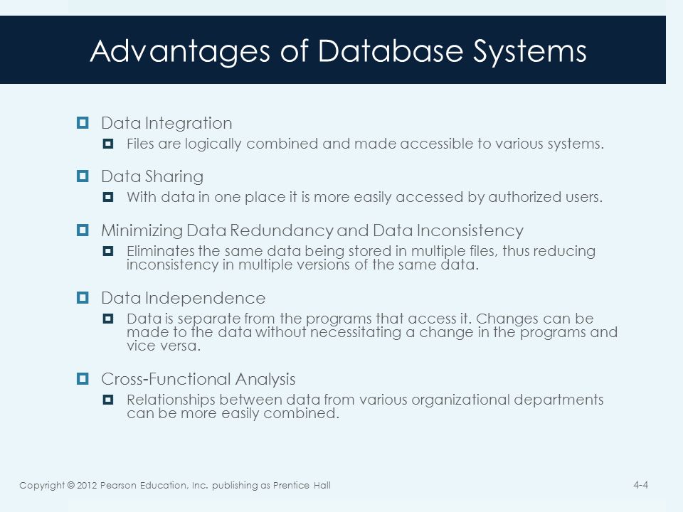 Advantages of Database Systems  Data Integration  Files are logically combined and made accessible to various systems.