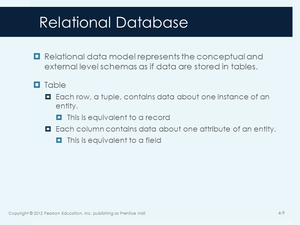 Relational Database  Relational data model represents the conceptual and external level schemas as if data are stored in tables.