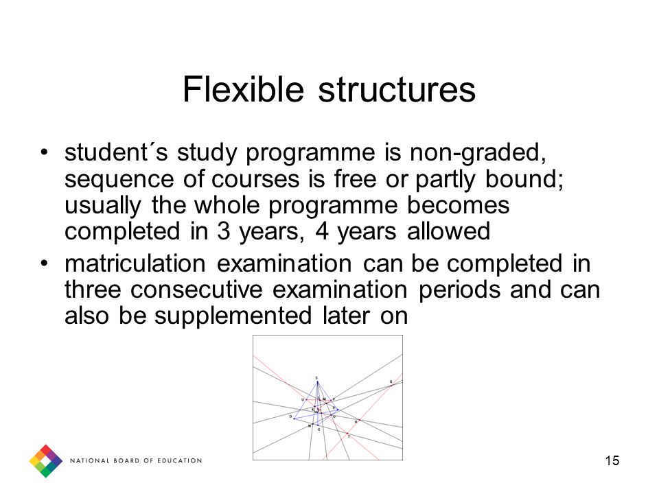 15 Flexible structures student´s study programme is non-graded, sequence of courses is free or partly bound; usually the whole programme becomes completed in 3 years, 4 years allowed matriculation examination can be completed in three consecutive examination periods and can also be supplemented later on