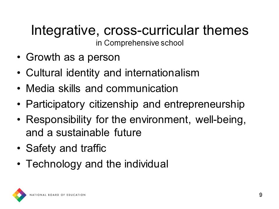 9 Integrative, cross-curricular themes in Comprehensive school Growth as a person Cultural identity and internationalism Media skills and communication Participatory citizenship and entrepreneurship Responsibility for the environment, well-being, and a sustainable future Safety and traffic Technology and the individual