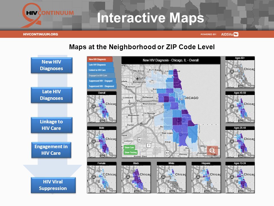 Interactive Maps New HIV Diagnoses Late HIV Diagnoses Linkage to HIV Care Linkage to HIV Care HIV Viral Suppression Maps at the Neighborhood or ZIP Code Level Engagement in HIV Care