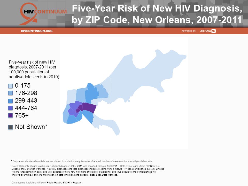 Five-Year Risk of New HIV Diagnosis, by ZIP Code, New Orleans, Notes: Data reflect cases with a date of initial diagnosis and reported through 10/30/2014.