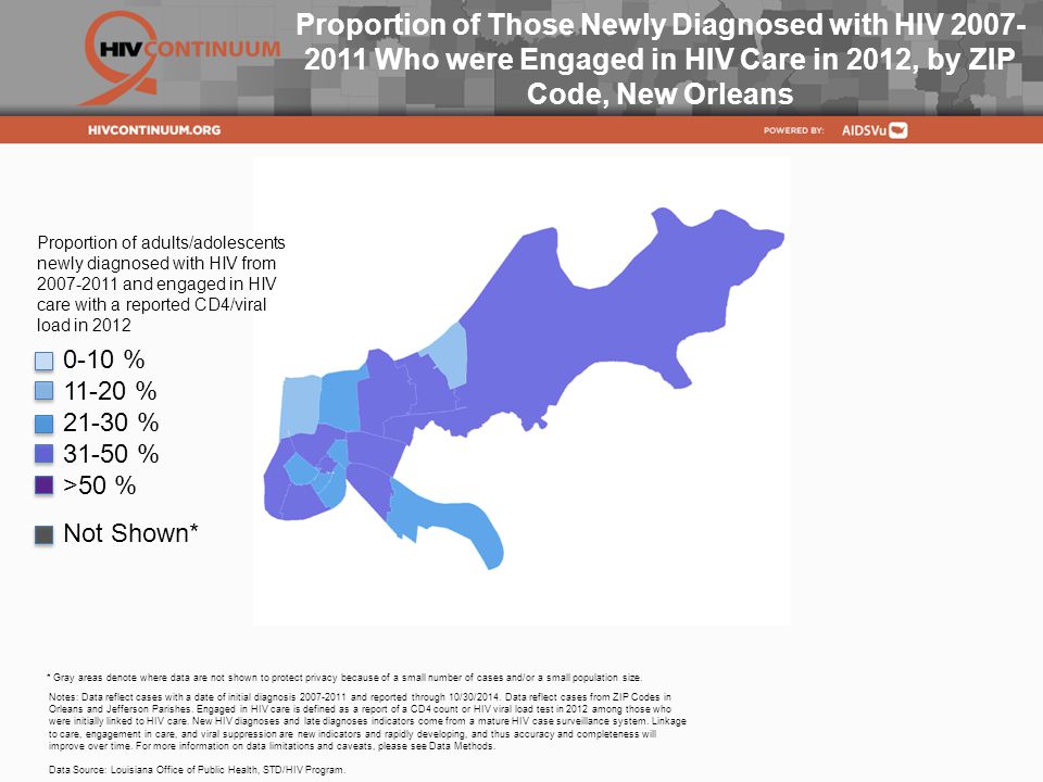 Proportion of Those Newly Diagnosed with HIV Who were Engaged in HIV Care in 2012, by ZIP Code, New Orleans Notes: Data reflect cases with a date of initial diagnosis and reported through 10/30/2014.