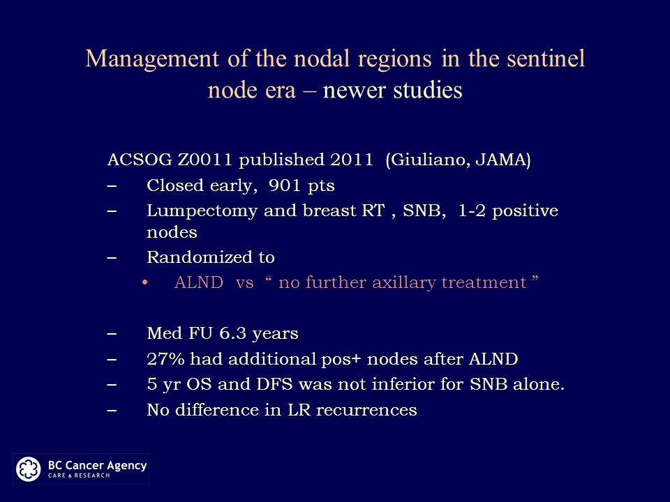 Management of the nodal regions in the sentinel node era – newer studies ACSOG Z0011 published 2011 (Giuliano, JAMA) –Closed early, 901 pts –Lumpectomy and breast RT, SNB, 1-2 positive nodes –Randomized to ALND vs no further axillary treatment –Med FU 6.3 years –27% had additional pos+ nodes after ALND –5 yr OS and DFS was not inferior for SNB alone.