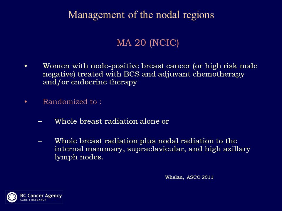 Management of the nodal regions MA 20 (NCIC) Women with node-positive breast cancer (or high risk node negative) treated with BCS and adjuvant chemotherapy and/or endocrine therapy Randomized to : –Whole breast radiation alone or –Whole breast radiation plus nodal radiation to the internal mammary, supraclavicular, and high axillary lymph nodes.