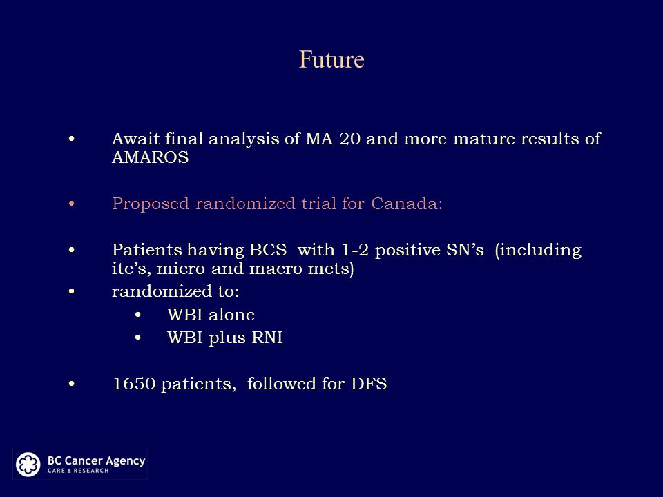 Future Await final analysis of MA 20 and more mature results of AMAROS Proposed randomized trial for Canada: Patients having BCS with 1-2 positive SN’s (including itc’s, micro and macro mets) randomized to: WBI alone WBI plus RNI 1650 patients, followed for DFS