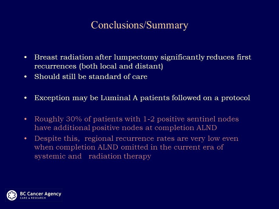 Conclusions/Summary Breast radiation after lumpectomy significantly reduces first recurrences (both local and distant) Should still be standard of care Exception may be Luminal A patients followed on a protocol Roughly 30% of patients with 1-2 positive sentinel nodes have additional positive nodes at completion ALND Despite this, regional recurrence rates are very low even when completion ALND omitted in the current era of systemic and radiation therapy