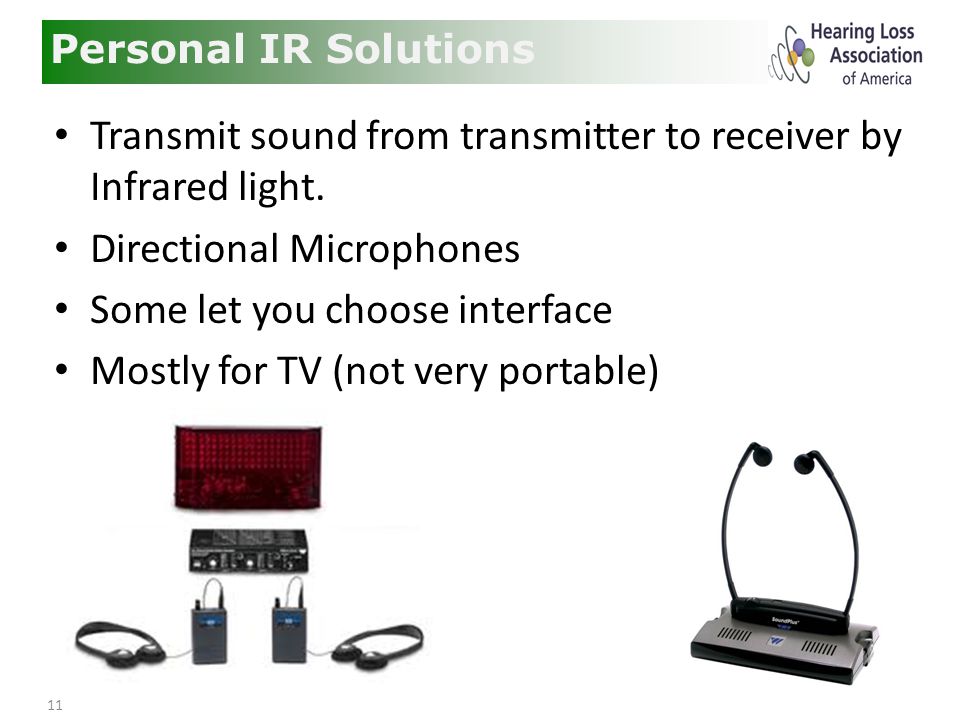11 Personal IR Solutions Transmit sound from transmitter to receiver by Infrared light.