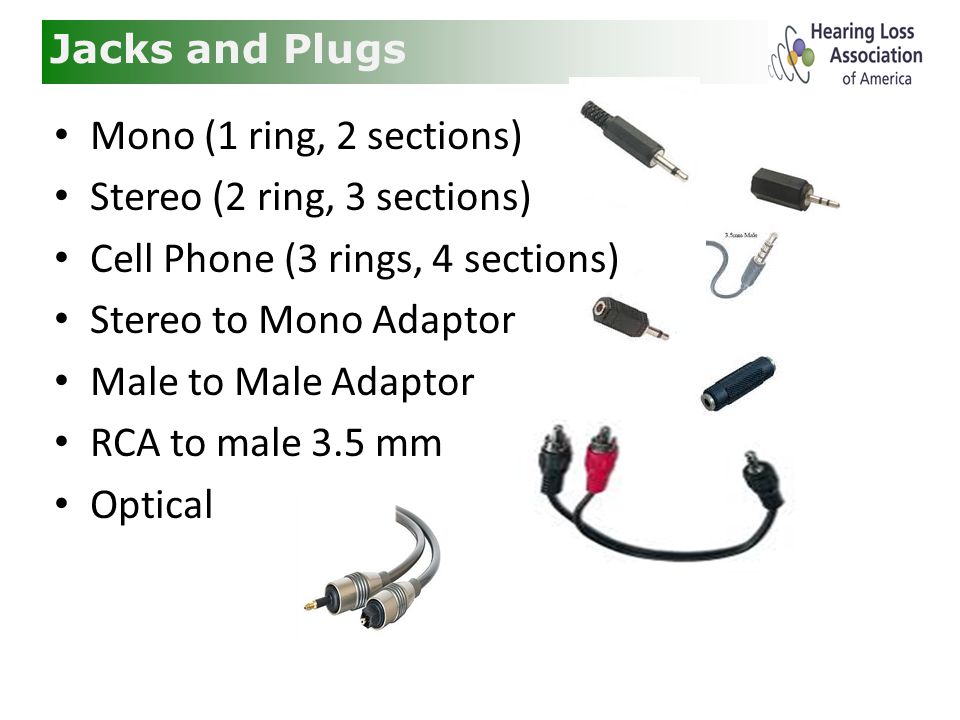 Jacks and Plugs Mono (1 ring, 2 sections) Stereo (2 ring, 3 sections) Cell Phone (3 rings, 4 sections) Stereo to Mono Adaptor Male to Male Adaptor RCA to male 3.5 mm Optical