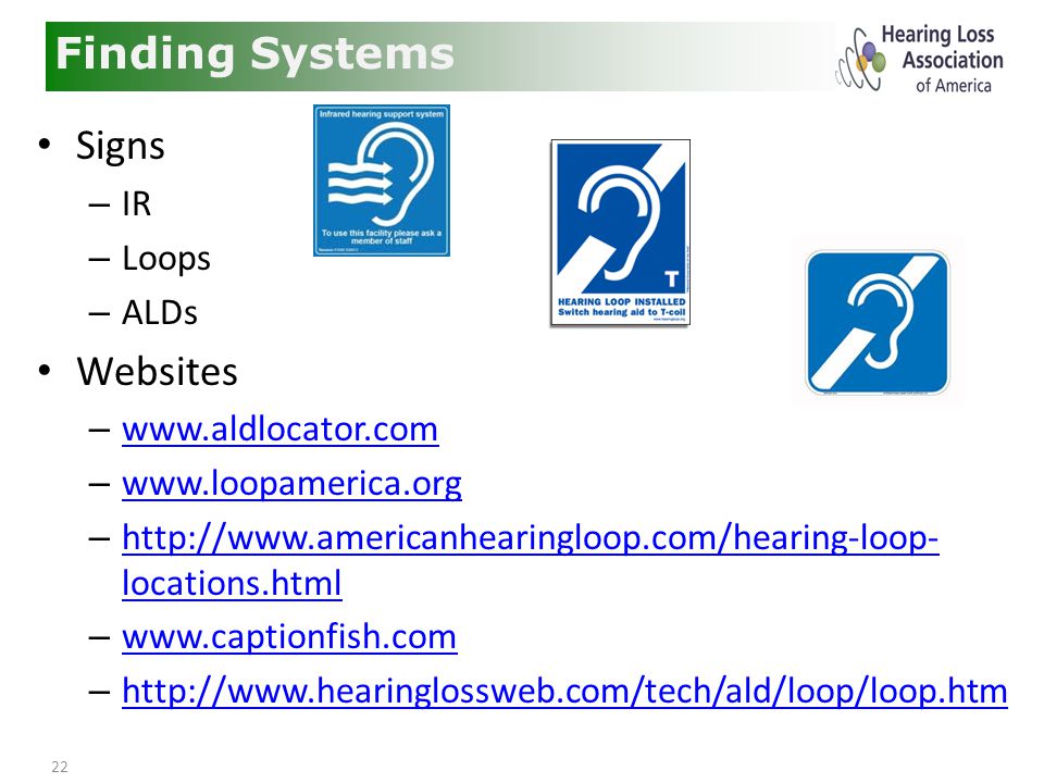 22 Finding Systems Signs – IR – Loops – ALDs Websites –     –     –   locations.html   locations.html –     –