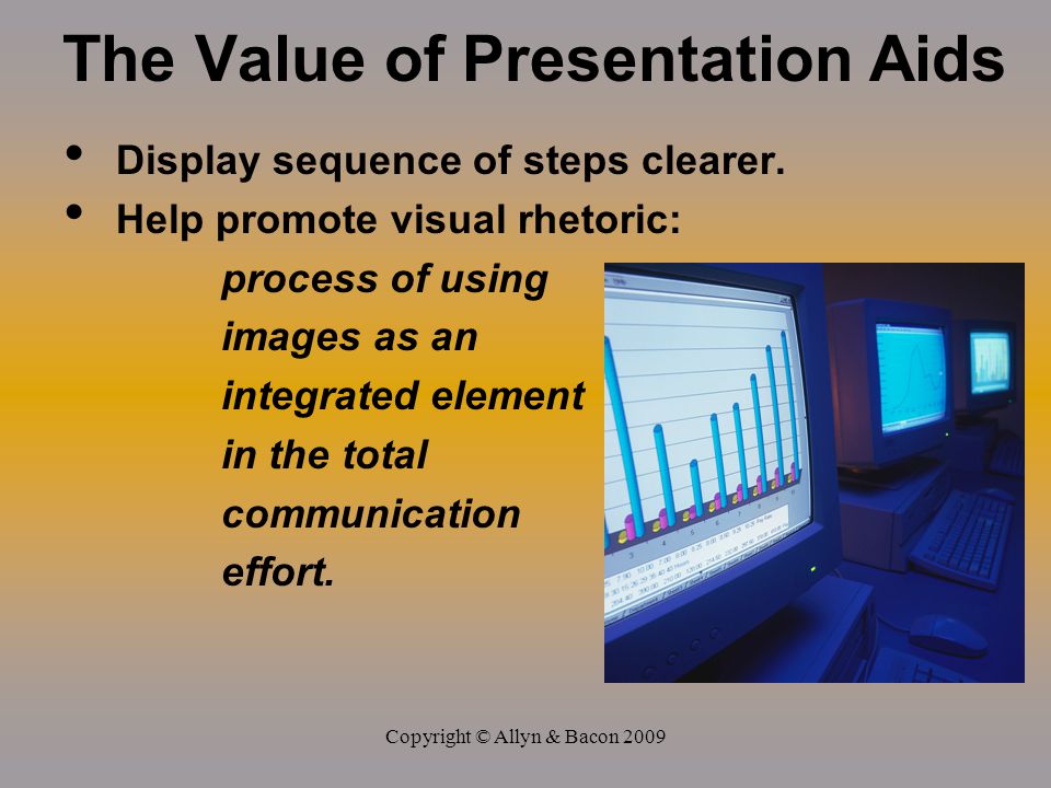 Copyright © Allyn & Bacon 2009 The Value of Presentation Aids Display sequence of steps clearer.