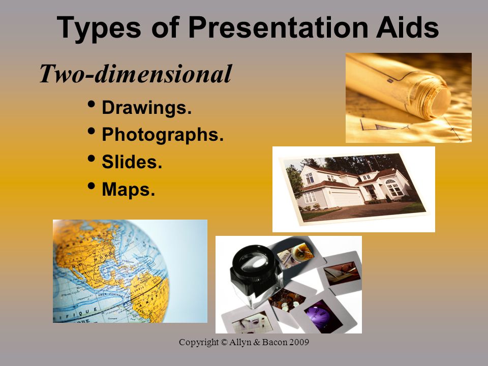 Copyright © Allyn & Bacon 2009 Types of Presentation Aids Two-dimensional Drawings.