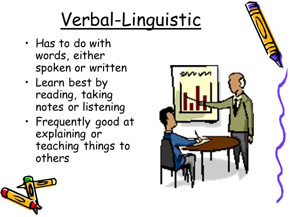 Verbal-Linguistic Has to do with words, either spoken or written Learn best by reading, taking notes or listening Frequently good at explaining or teaching things to others