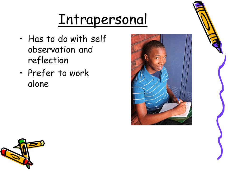 Intrapersonal Has to do with self observation and reflection Prefer to work alone