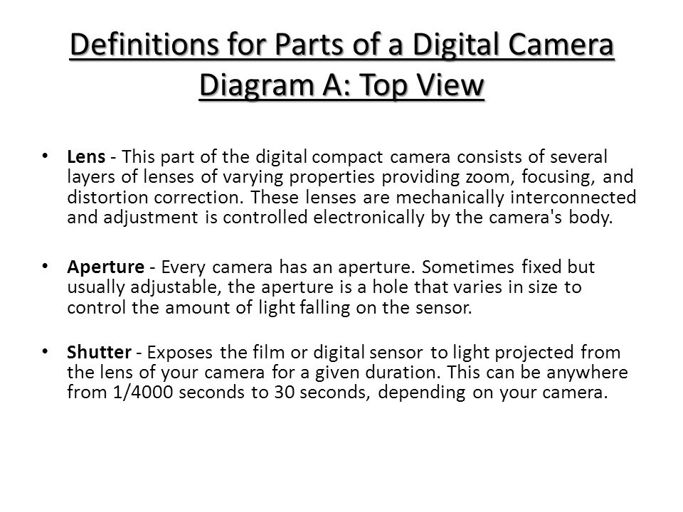 Definitions for Parts of a Digital Camera Diagram A: Top View Lens - This part of the digital compact camera consists of several layers of lenses of varying properties providing zoom, focusing, and distortion correction.