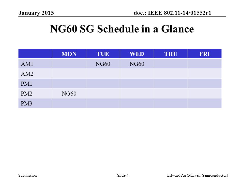 doc.: IEEE /01552r1 SubmissionSlide 4 NG60 SG Schedule in a Glance MONTUEWEDTHUFRI AM1NG60 AM2 PM1 PM2NG60 PM3 Edward Au (Marvell Semiconductor) January 2015