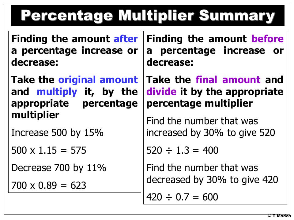 © T Madas Finding the amount before a percentage increase or decrease: Take the final amount and divide it by the appropriate percentage multiplier Find the number that was increased by 30% to give ÷ 1.3 = 400 Find the number that was decreased by 30% to give ÷ 0.7 = 600 Finding the amount after a percentage increase or decrease: Take the original amount and multiply it, by the appropriate percentage multiplier Increase 500 by 15% 500 x 1.15 = 575 Decrease 700 by 11% 700 x 0.89 = 623 Percentage Multiplier Summary