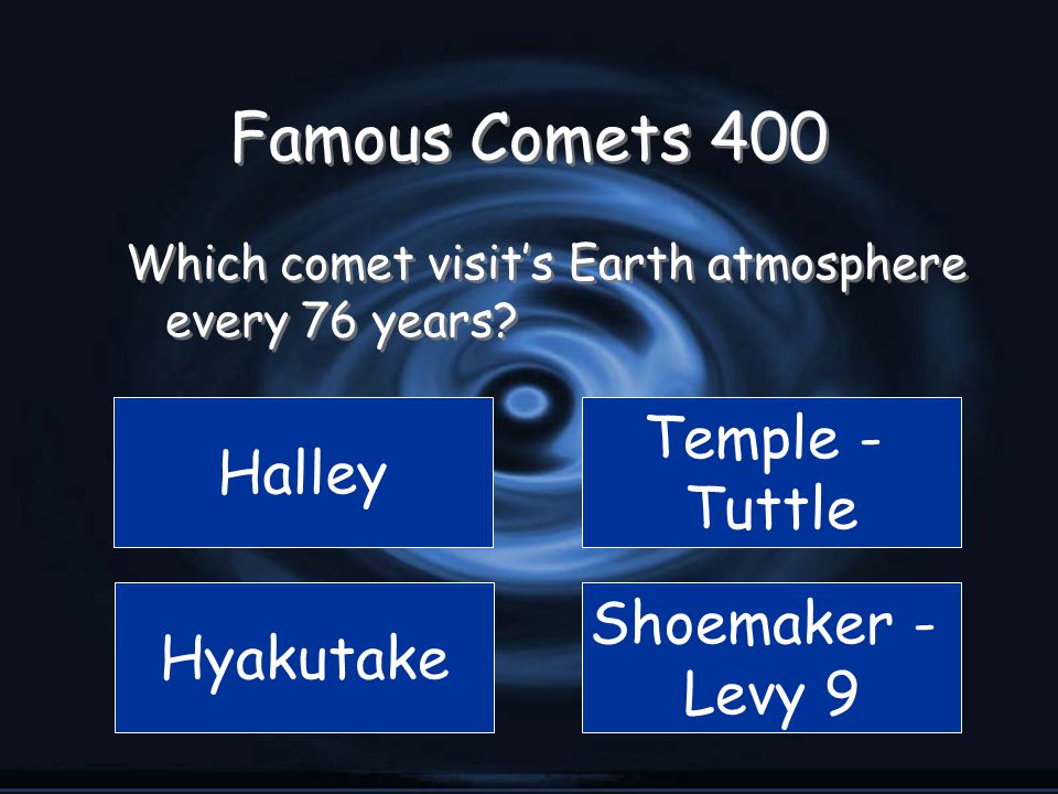 Famous Comets 400 Which comet visit’s Earth atmosphere every 76 years.