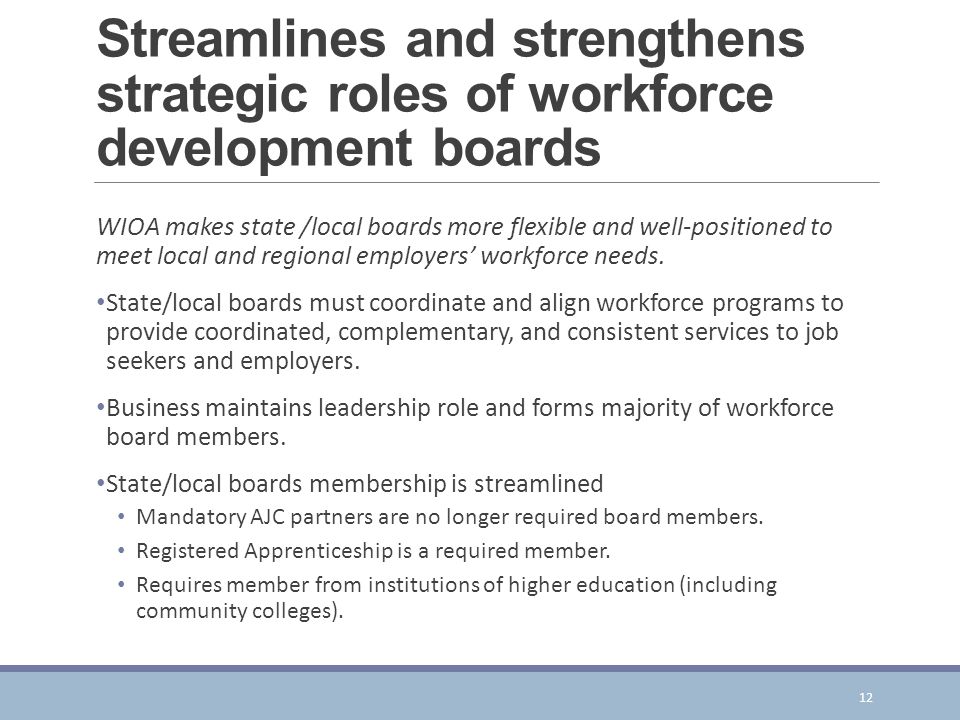 Streamlines and strengthens strategic roles of workforce development boards WIOA makes state /local boards more flexible and well-positioned to meet local and regional employers’ workforce needs.