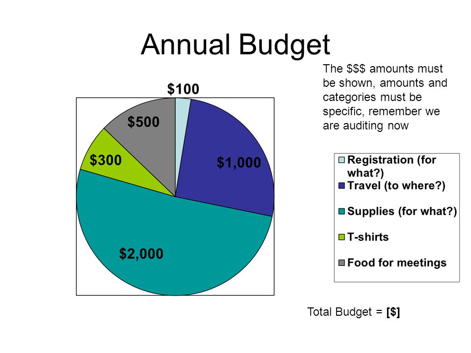 Annual Budget The $$$ amounts must be shown, amounts and categories must be specific, remember we are auditing now Total Budget = [$]