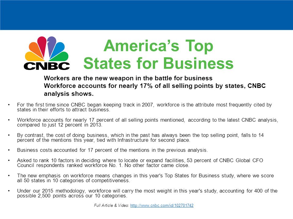America’s Top States for Business Workers are the new weapon in the battle for business Workforce accounts for nearly 17% of all selling points by states, CNBC analysis shows.