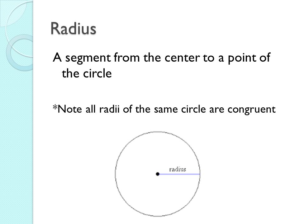 Radius A segment from the center to a point of the circle *Note all radii of the same circle are congruent