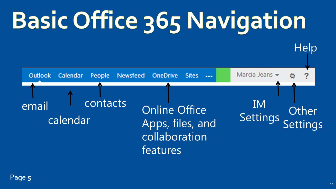 11  calendar contacts Online Office Apps, files, and collaboration features IM Settings Other Settings Help Page 5