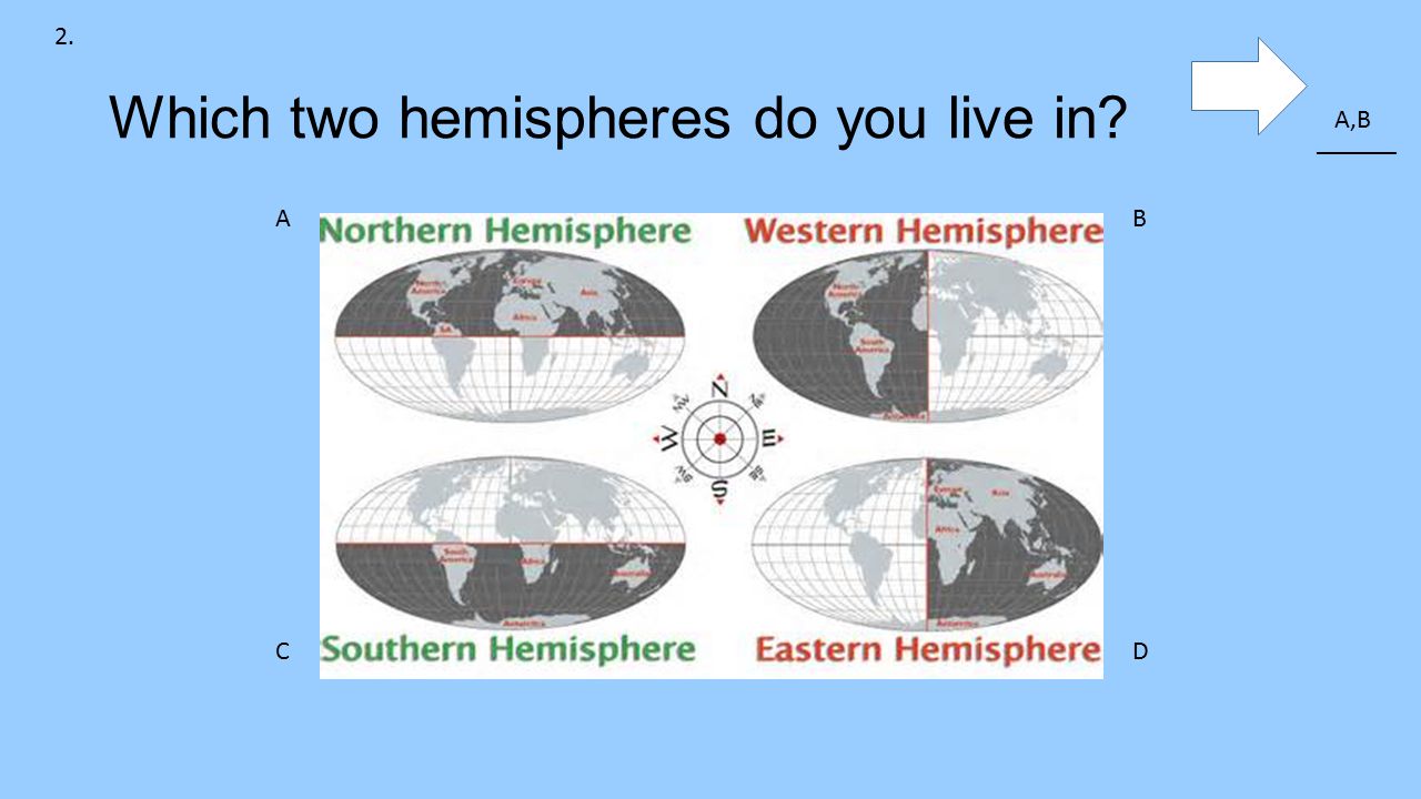 Which two hemispheres do you live in 2. AB CD ______ A,B